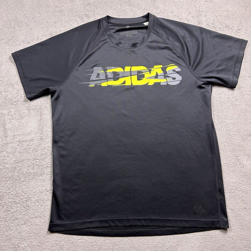 Adidas Graphic T-Shirt Mens L Black Climalite Yellow Logo Active Workout Gym
